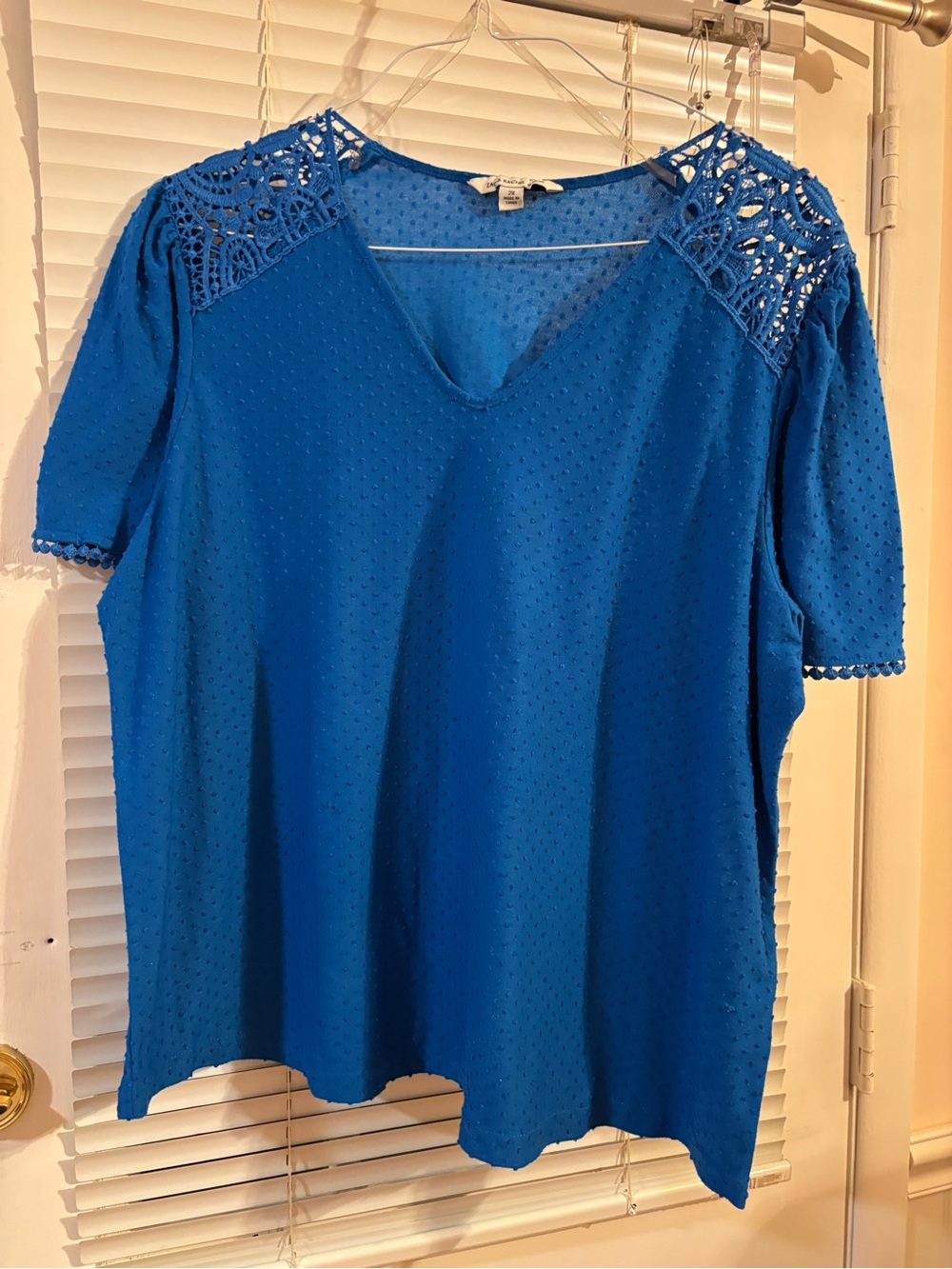 Blue Lace-Shoulder V-Neck Women's Top pit to pit 25”